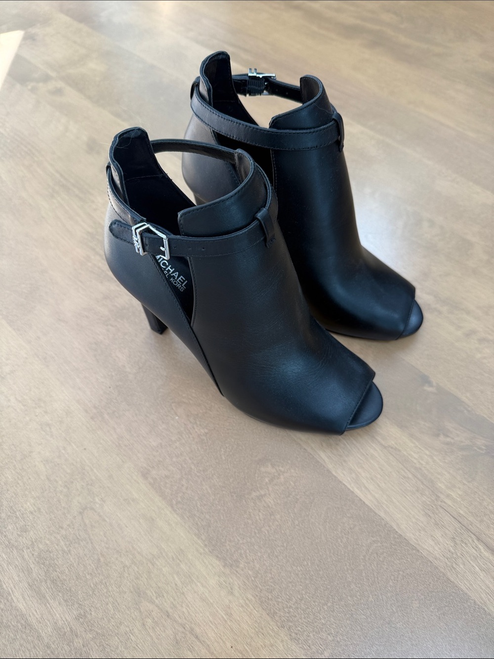 MICHAEL Michael Kors Black Peep-Toe Ankle Booties with Buckle Strap